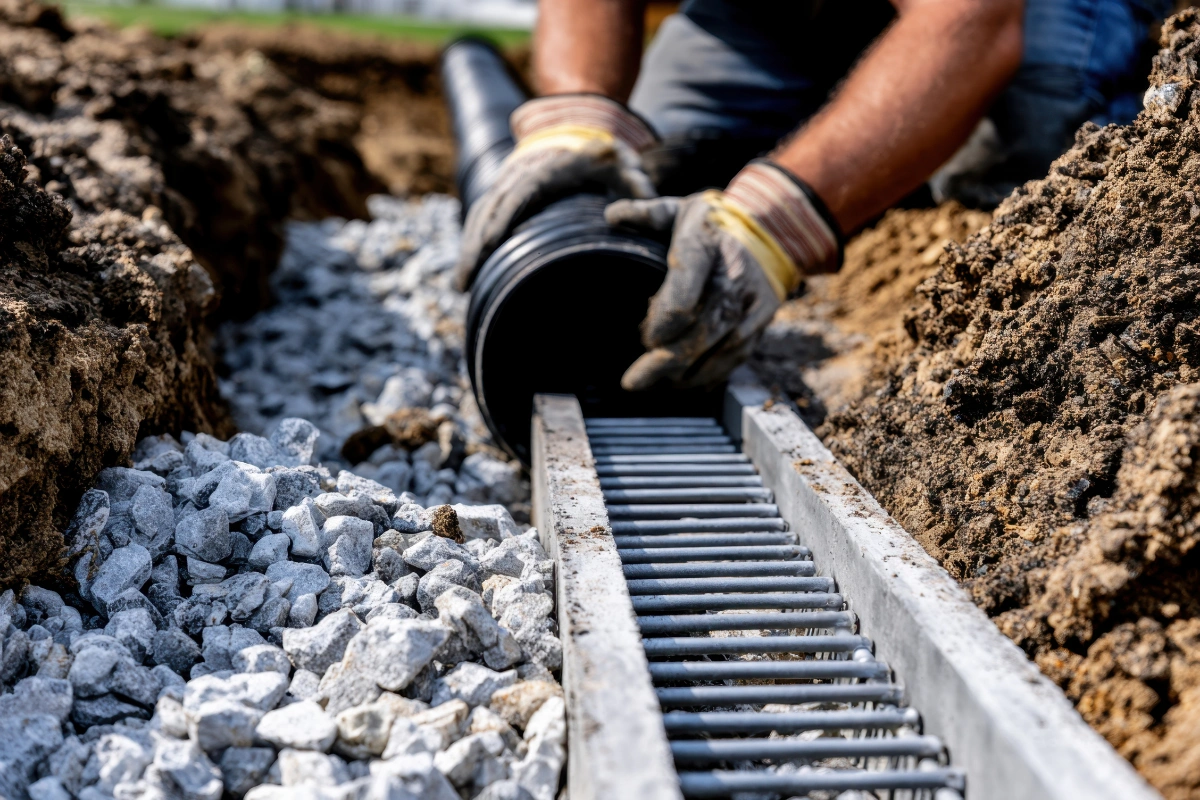 Channel and trench drain installation across a Los Angeles driveway