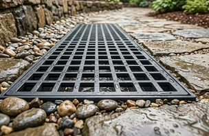 Trench drain channel installed across a concrete driveway