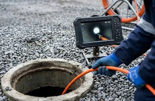 Sewer inspection camera checking a drain pipe for blockage
